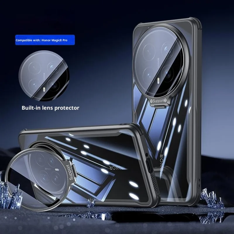 Capa para Honor Magic8 Pro 5G, PC + TPU transparente com capa de lente de vidro e suporte