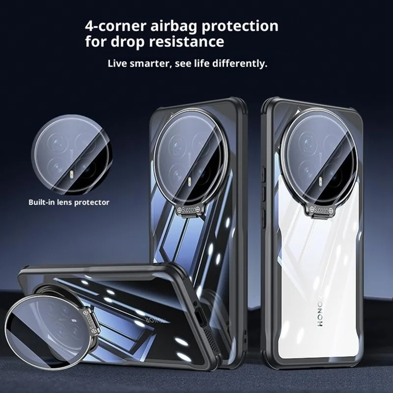 Capa para Honor Magic8 Pro 5G, PC + TPU transparente com capa de lente de vidro e suporte
