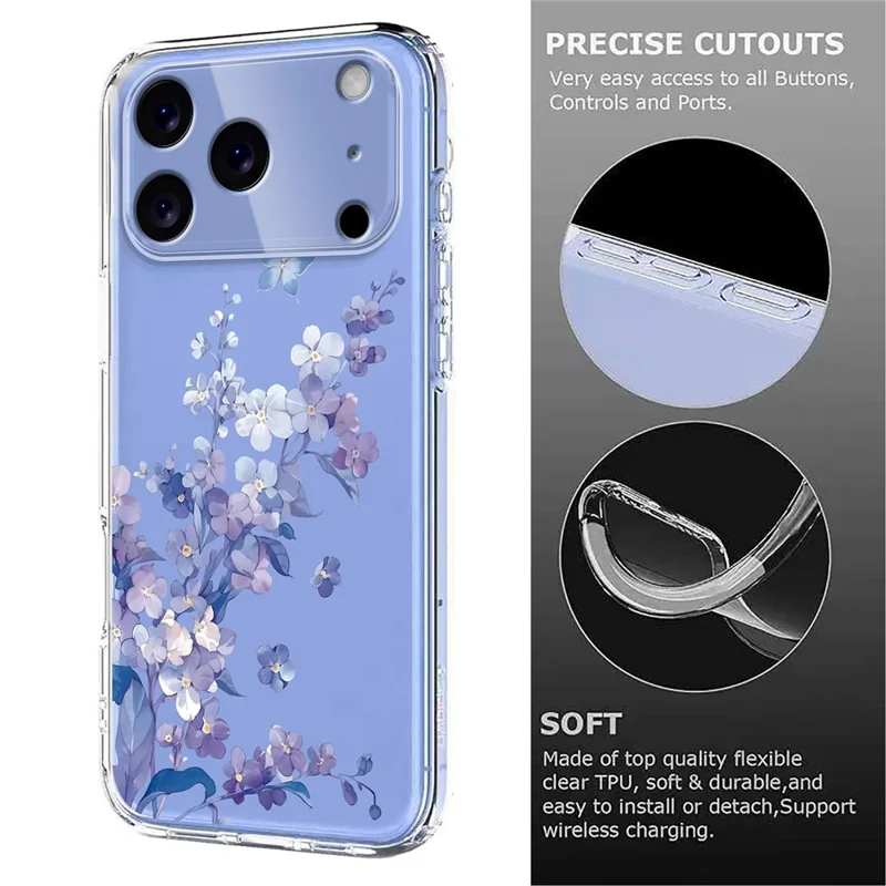 Bulk Purchasing For iPhone 17 Pro Case Butterfly Floral Pattern Printing TPU Phone Cover Support Wireless Charging (MOQ: 50Pcs) - Violets