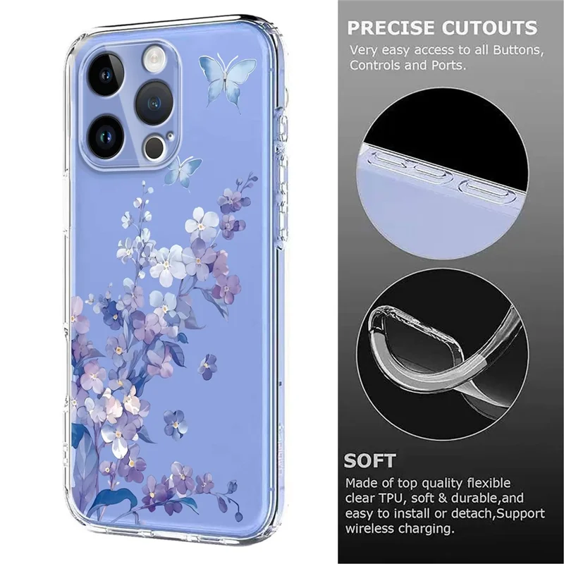 Compra em Lote para Capa do iPhone 16 Pro Max Padrão Floral de Borboleta Impressão TPU Suporte para Carregamento Sem Fio (MOQ: 50 Peças) - Violetas
