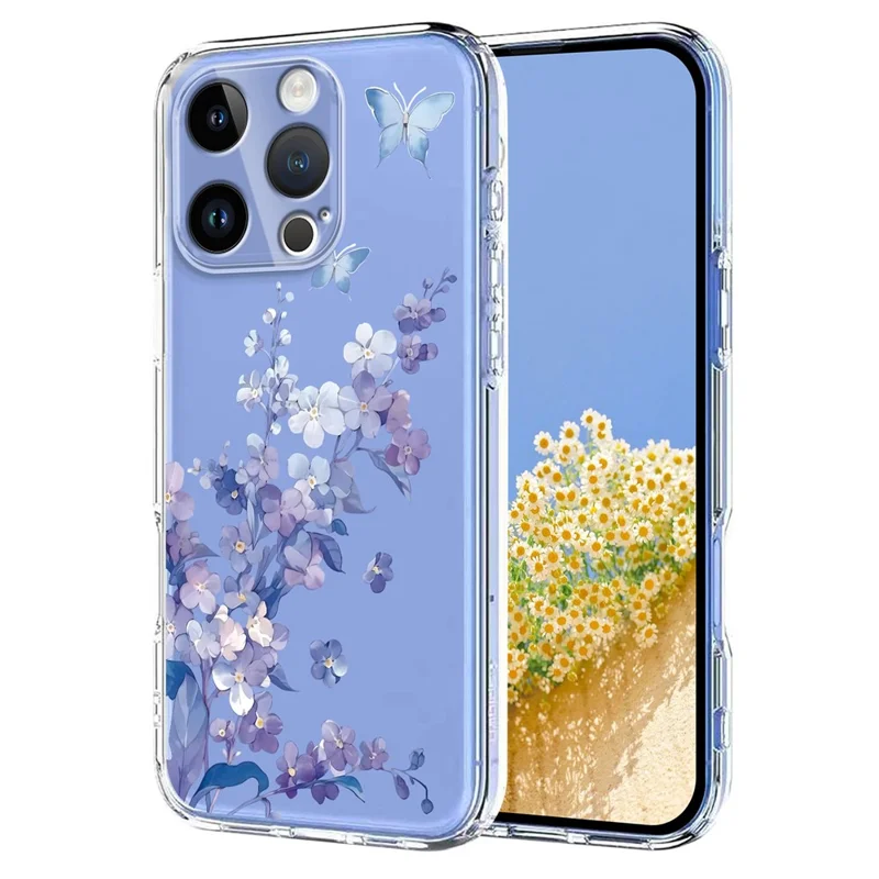 Bulk Purchasing For iPhone 16 Pro Case Butterfly Floral Pattern Printing TPU Phone Cover Support Wireless Charging (MOQ: 50Pcs) - Violets