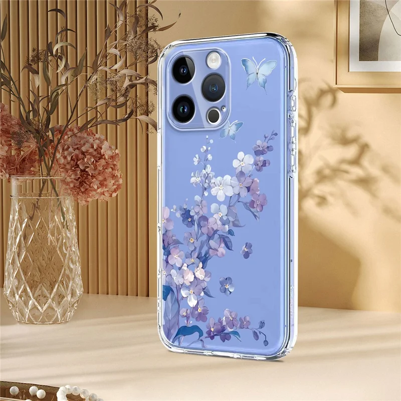 Bulk Purchasing For iPhone 16 Pro Case Butterfly Floral Pattern Printing TPU Phone Cover Support Wireless Charging (MOQ: 50Pcs) - Violets