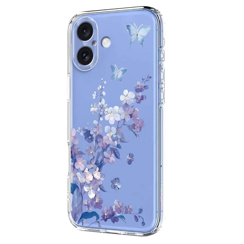 Bulk Purchasing For iPhone 16 Plus Case Butterfly Floral Pattern Printing TPU Phone Cover Support Wireless Charging (MOQ: 50Pcs) - Violets