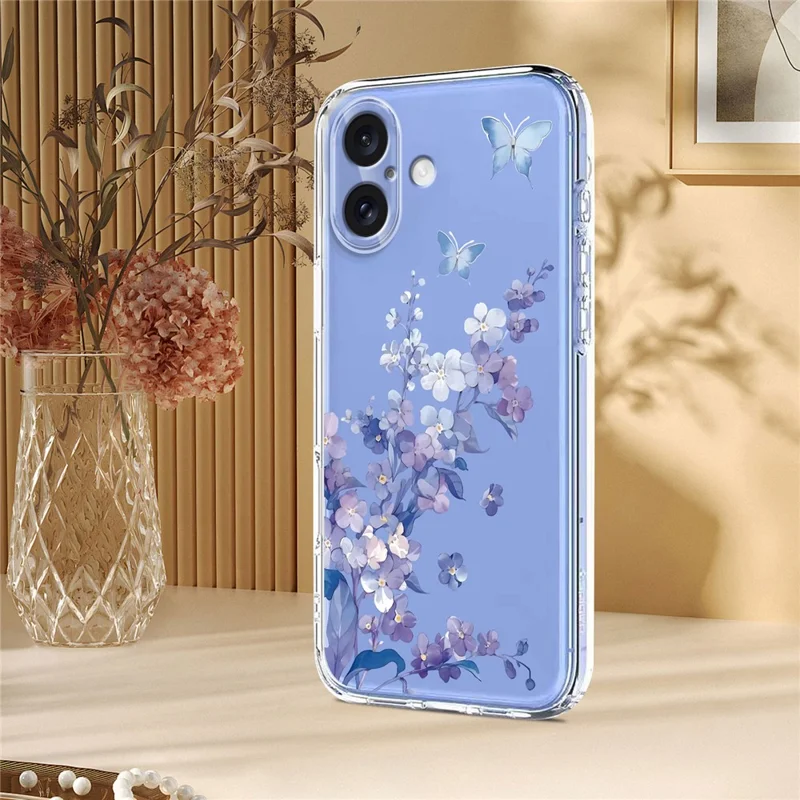 Bulk Purchasing For iPhone 16 Plus Case Butterfly Floral Pattern Printing TPU Phone Cover Support Wireless Charging (MOQ: 50Pcs) - Violets