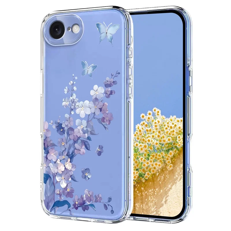 Bulk Purchasing For iPhone 16e Case Butterfly Floral Pattern Printing TPU Phone Cover Support Wireless Charging (MOQ: 50Pcs) - Violets