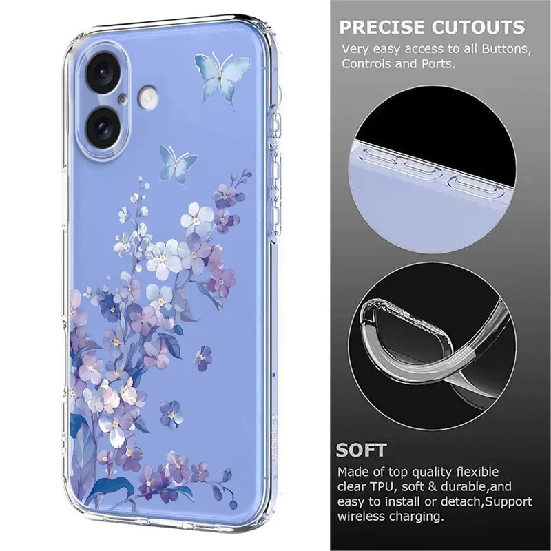 Großeinkauf für iPhone 16 Case Butterfly Floral Pattern Printing TPU Phone Cover Unterstützung Wireless Charging (MOQ: 50 Stück) - Violett