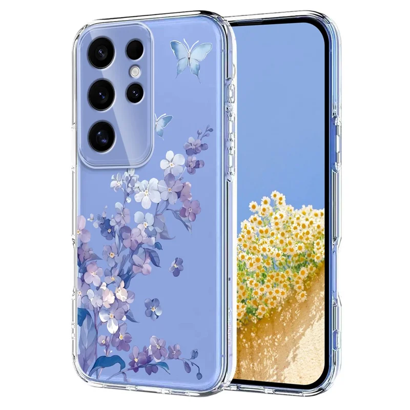 Compra em Massa para Capa de Samsung Galaxy S25 Ultra Padrão Floral de Borboleta Impressão TPU Suporte para Carregamento Sem Fio (MOQ: 50 Unidades) - Violetas