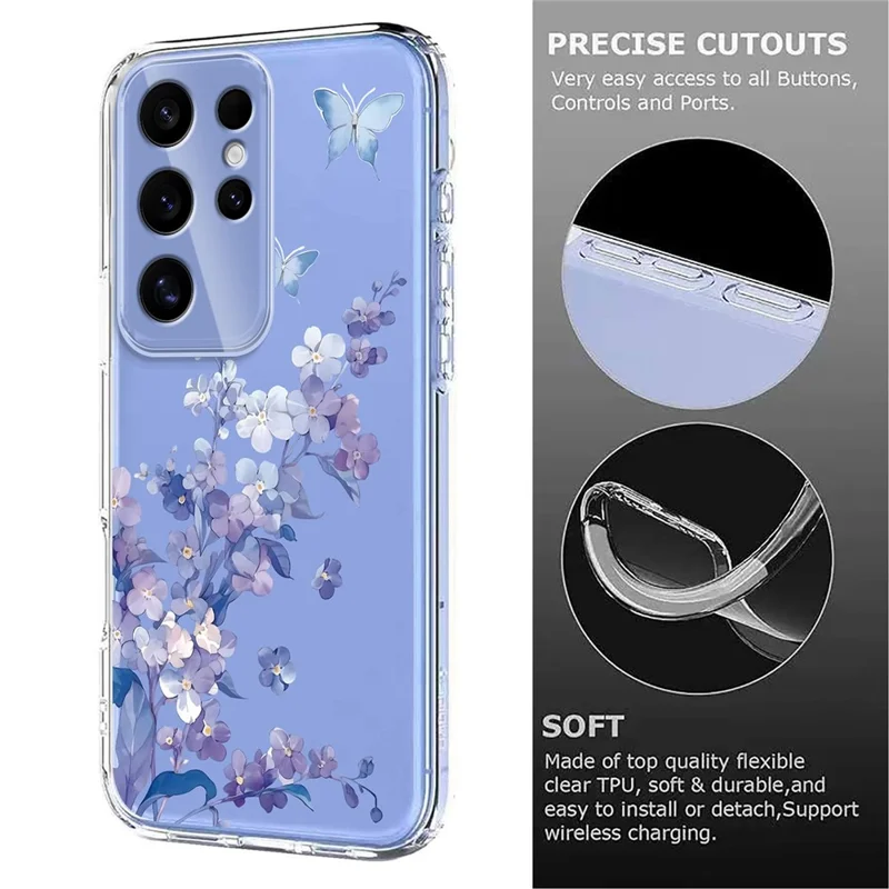 Compra em Massa para Capa de Samsung Galaxy S25 Ultra Padrão Floral de Borboleta Impressão TPU Suporte para Carregamento Sem Fio (MOQ: 50 Unidades) - Violetas