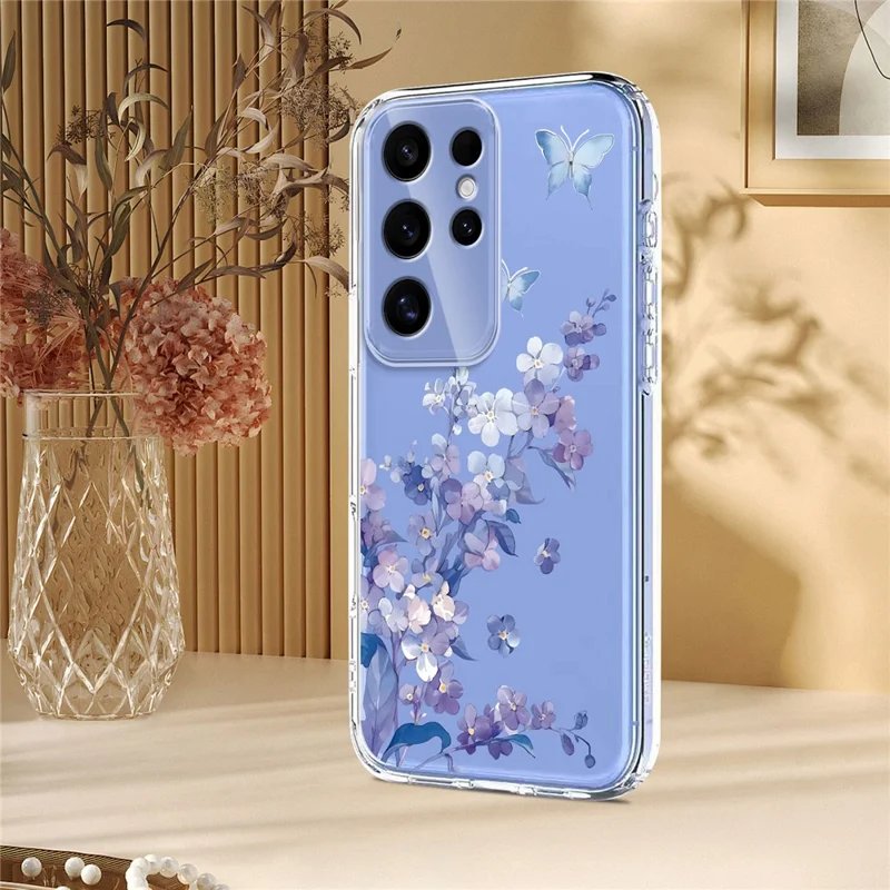 Compra em Massa para Capa de Samsung Galaxy S25 Ultra Padrão Floral de Borboleta Impressão TPU Suporte para Carregamento Sem Fio (MOQ: 50 Unidades) - Violetas