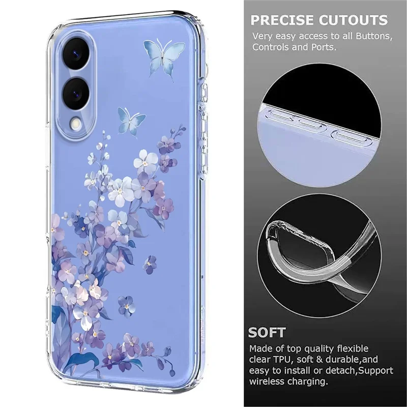 Bulk Purchasing For Samsung Galaxy S25 Edge Case Butterfly Floral Pattern Printing TPU Phone Cover Support Wireless Charging (MOQ: 50Pcs) - Violets
