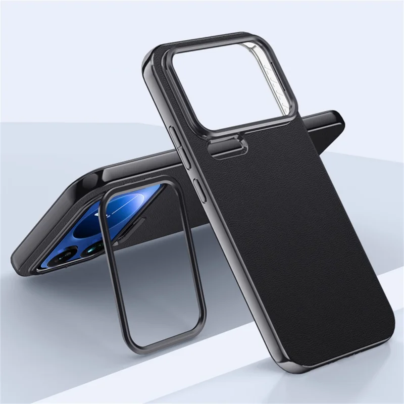 For Xiaomi 17 Pro Case Metal Lens Frame Kickstand Leather + Silicone Phone Cover - Black
