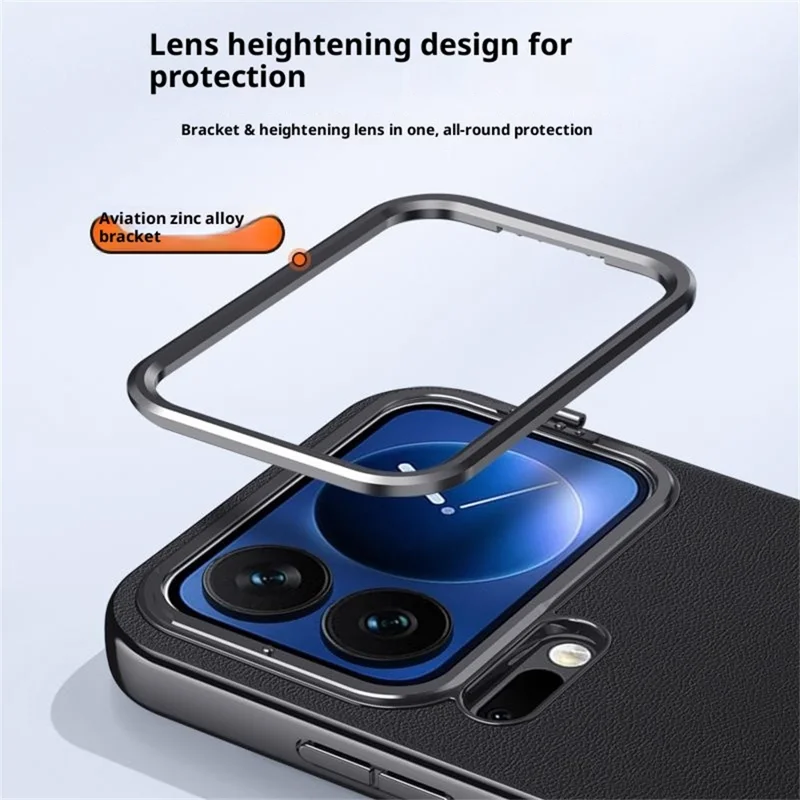 For Xiaomi 17 Pro Case Metal Lens Frame Kickstand Leather + Silicone Phone Cover - Black