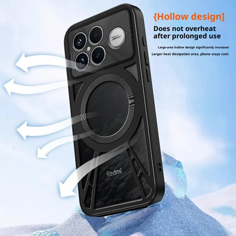 Funda magnética para Xiaomi Redmi K90 Pro Max 5G - Disipación de calor hueca de silicona + PC + parachoques de metal - Negro