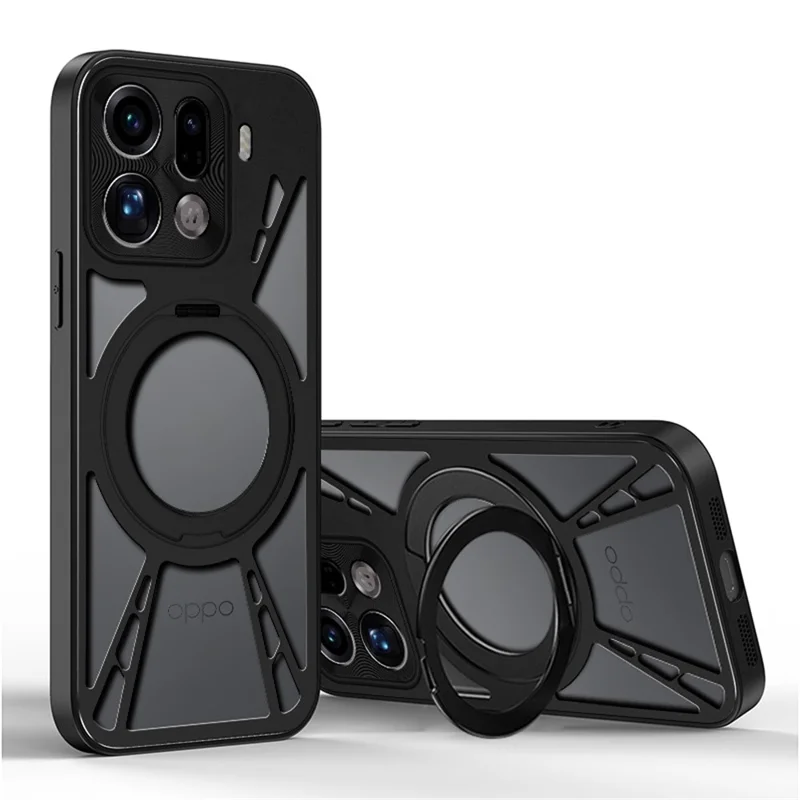 Étui pour Oppo Find X9 Pro 5G avec support magnétique, dissipation thermique creuse, silicone + PC + pare-chocs métallique, housse de téléphone - Noir