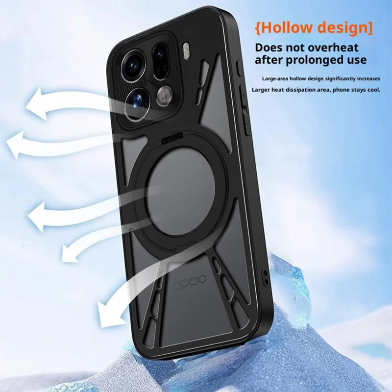 Étui pour Oppo Find X9 Pro 5G avec support magnétique, dissipation thermique creuse, silicone + PC + pare-chocs métallique, housse de téléphone - Noir