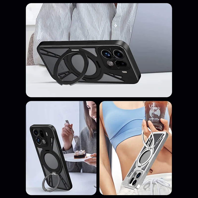 Étui pour Oppo Find X9 Pro 5G avec support magnétique, dissipation thermique creuse, silicone + PC + pare-chocs métallique, housse de téléphone - Noir