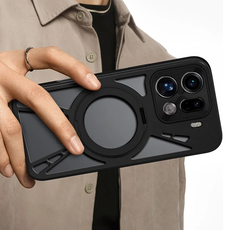 Étui pour Oppo Find X9 Pro 5G avec support magnétique, dissipation thermique creuse, silicone + PC + pare-chocs métallique, housse de téléphone - Noir