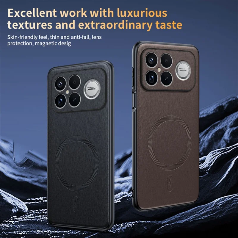 غطاء لهاتف Xiaomi Redmi K90 Pro Max 5G / Poco F8 Ultra متوافق مع MagSafe، غطاء هاتف مصنوع من مادة TPU مطلية بالجلد وPC - أسود