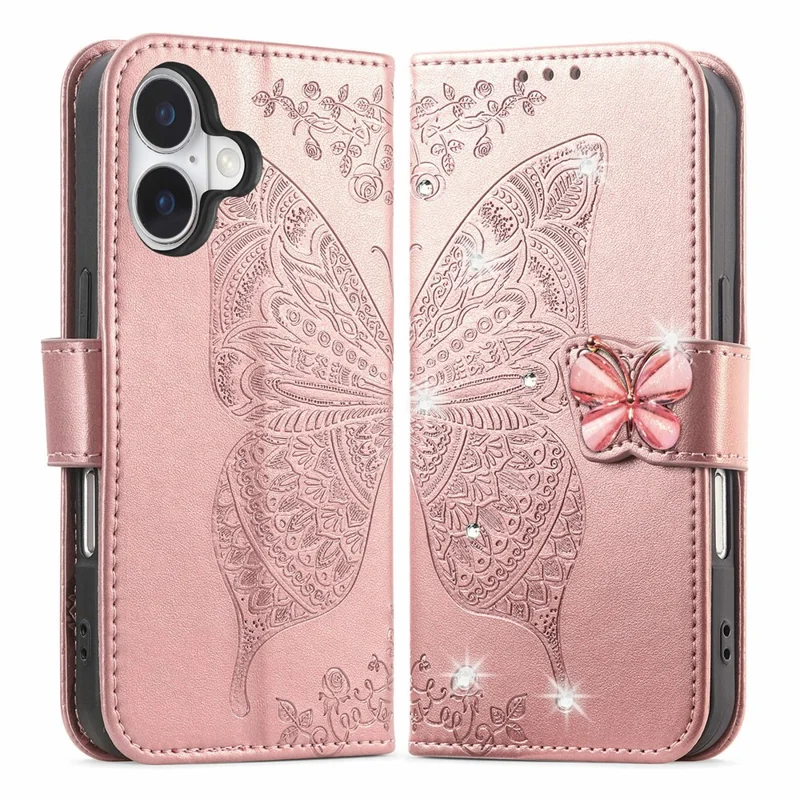 For iPhone 17 Case 3D Rhinestone Decor Butterfly Flower Leather Phone Cover with Wrist Strap - Rose Gold