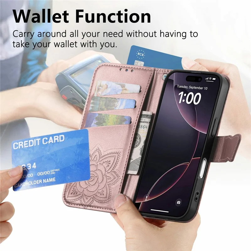 For iPhone 17 Case 3D Rhinestone Decor Butterfly Flower Leather Phone Cover with Wrist Strap - Rose Gold