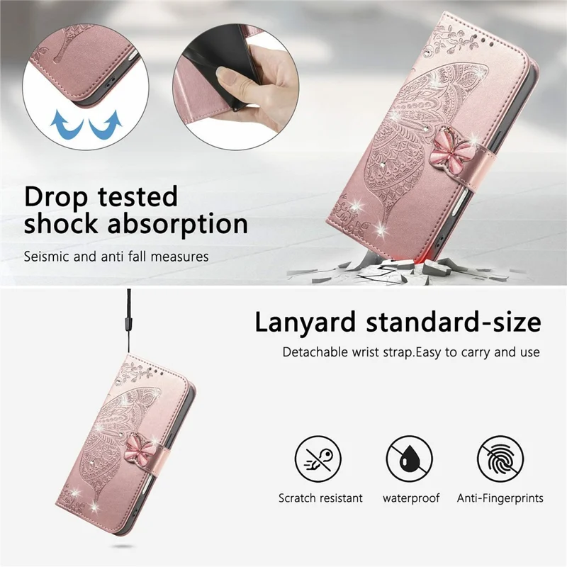 For iPhone 17 Case 3D Rhinestone Decor Butterfly Flower Leather Phone Cover with Wrist Strap - Rose Gold