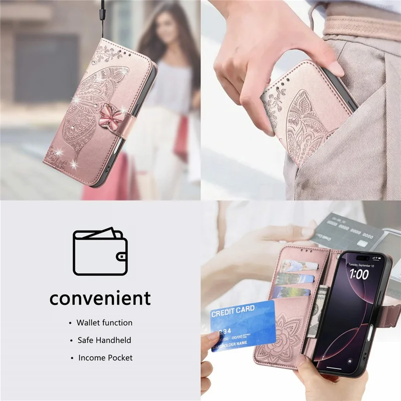 For iPhone 17 Case 3D Rhinestone Decor Butterfly Flower Leather Phone Cover with Wrist Strap - Rose Gold