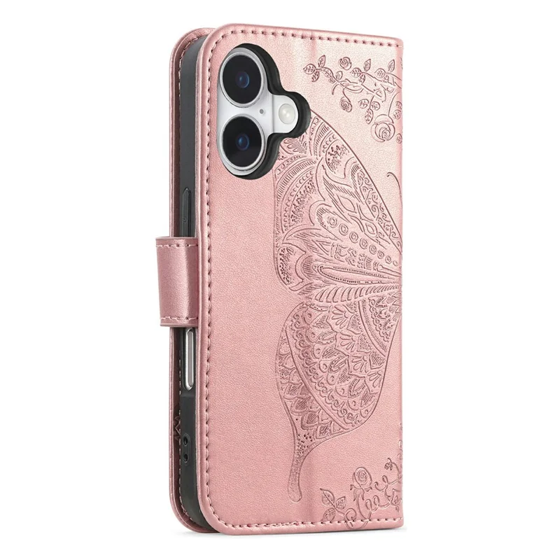 For iPhone 17 Case 3D Rhinestone Decor Butterfly Flower Leather Phone Cover with Wrist Strap - Rose Gold