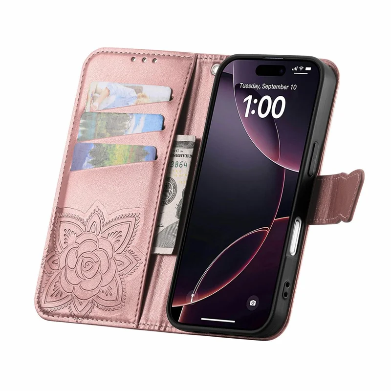 For iPhone 17 Case 3D Rhinestone Decor Butterfly Flower Leather Phone Cover with Wrist Strap - Rose Gold