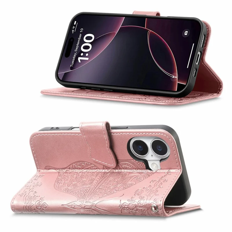 For iPhone 17 Case 3D Rhinestone Decor Butterfly Flower Leather Phone Cover with Wrist Strap - Rose Gold