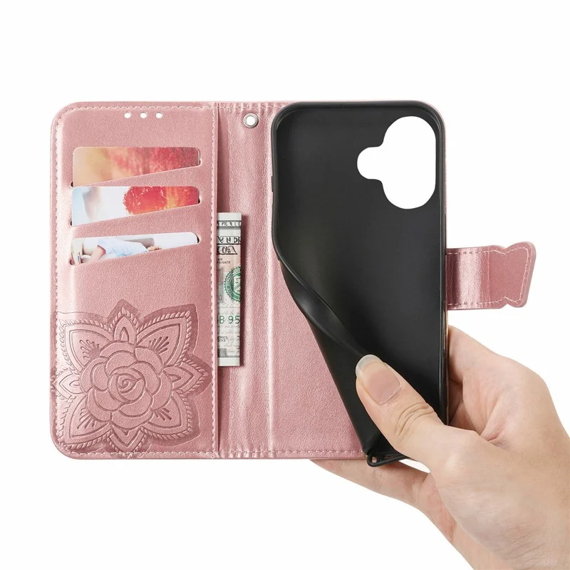 For iPhone 17 Case 3D Rhinestone Decor Butterfly Flower Leather Phone Cover with Wrist Strap - Rose Gold