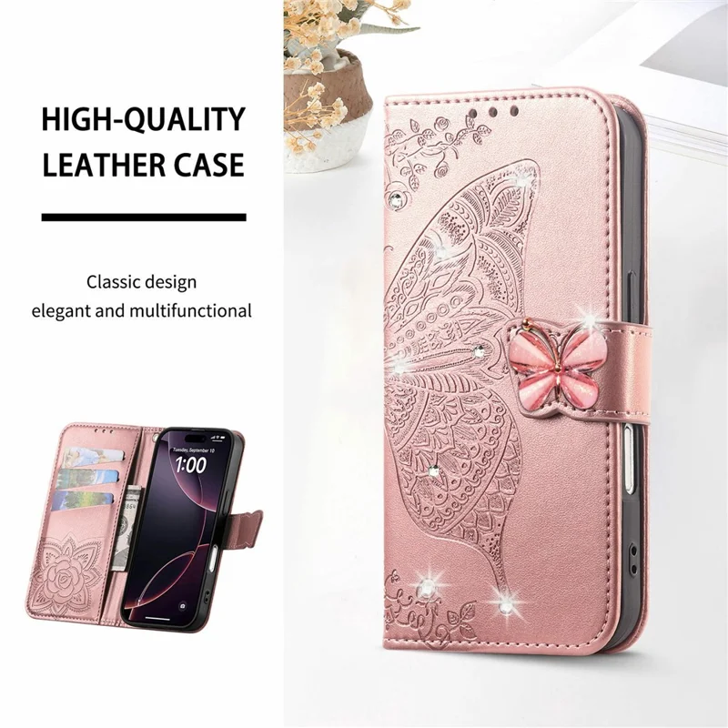 For iPhone 17 Case 3D Rhinestone Decor Butterfly Flower Leather Phone Cover with Wrist Strap - Rose Gold