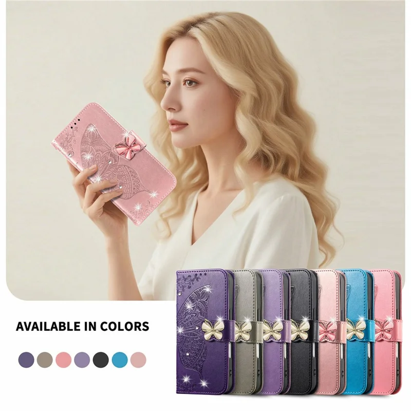 For iPhone 17 Case 3D Rhinestone Decor Butterfly Flower Leather Phone Cover with Wrist Strap - Rose Gold