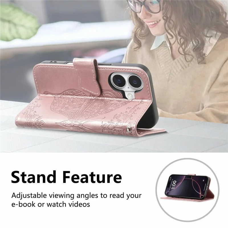 For iPhone 17 Case 3D Rhinestone Decor Butterfly Flower Leather Phone Cover with Wrist Strap - Rose Gold