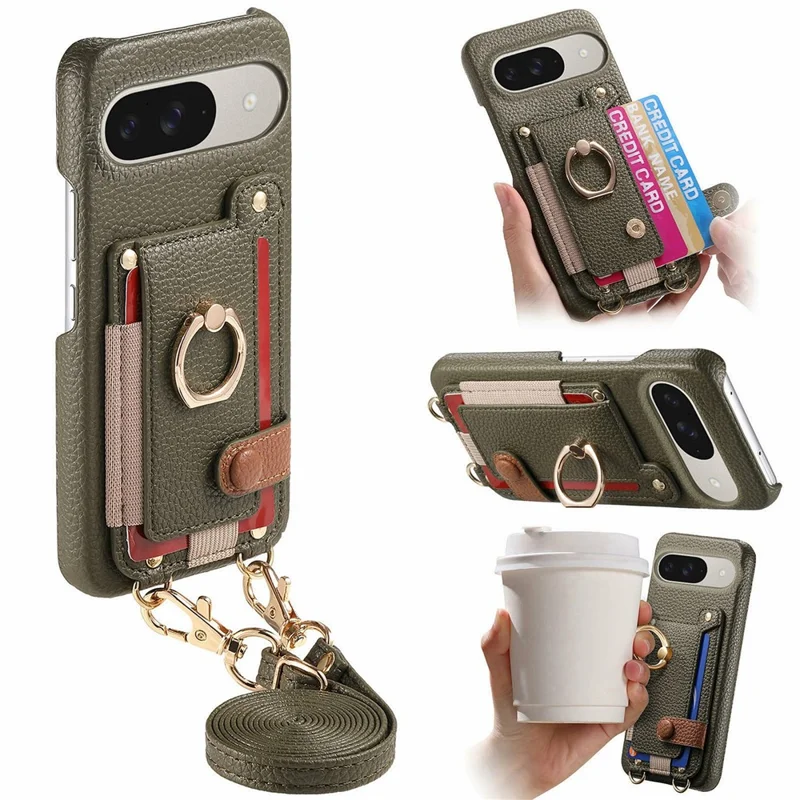 Google Pixel 9 / 9 Pro Hülle mit Kartenfach, Ringhalterung, Ständer, Leder + PC-Telefon-Cover mit Schultergurt - Mitternachtsgrün