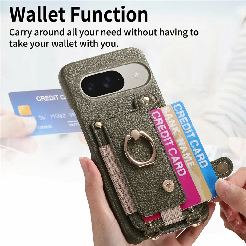 Google Pixel 9 / 9 Pro Hülle mit Kartenfach, Ringhalterung, Ständer, Leder + PC-Telefon-Cover mit Schultergurt - Mitternachtsgrün