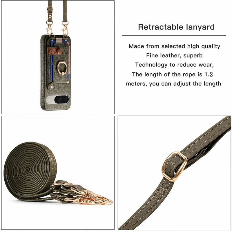 Google Pixel 9 / 9 Pro Hülle mit Kartenfach, Ringhalterung, Ständer, Leder + PC-Telefon-Cover mit Schultergurt - Mitternachtsgrün