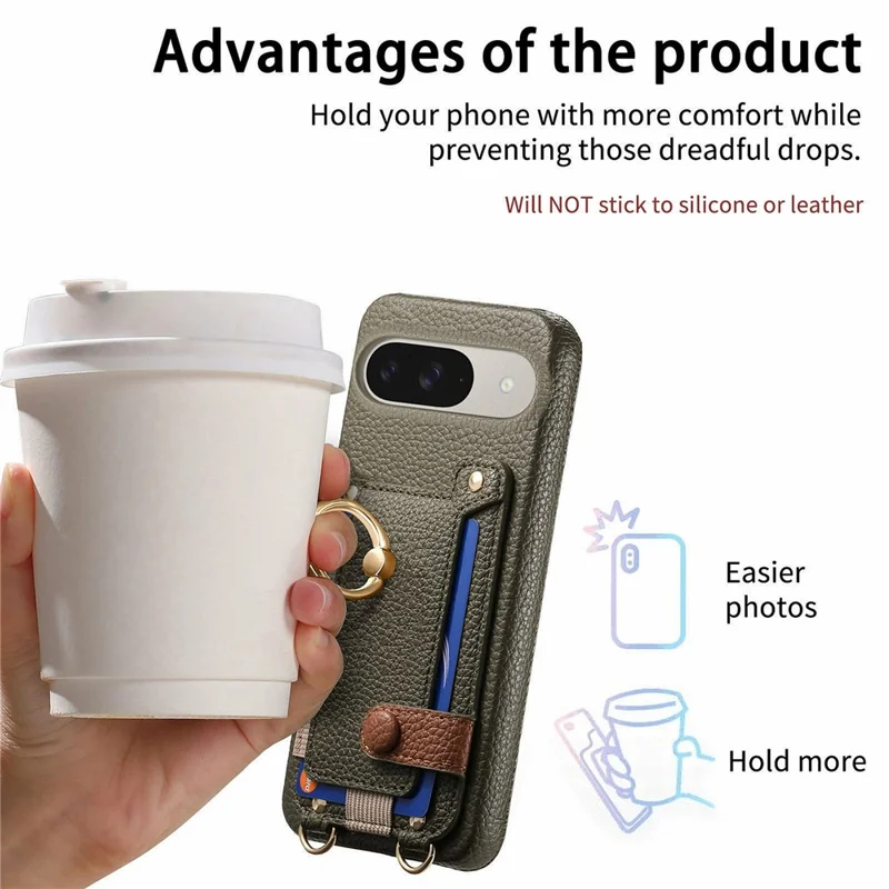 Google Pixel 9 / 9 Pro Hülle mit Kartenfach, Ringhalterung, Ständer, Leder + PC-Telefon-Cover mit Schultergurt - Mitternachtsgrün