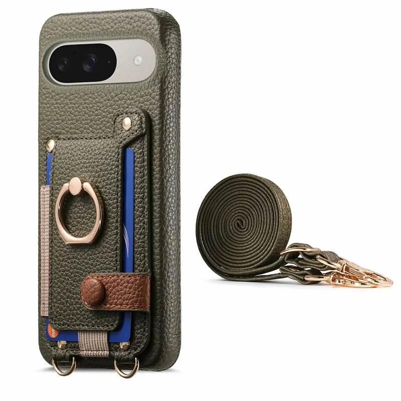 Google Pixel 9 / 9 Pro Hülle mit Kartenfach, Ringhalterung, Ständer, Leder + PC-Telefon-Cover mit Schultergurt - Mitternachtsgrün