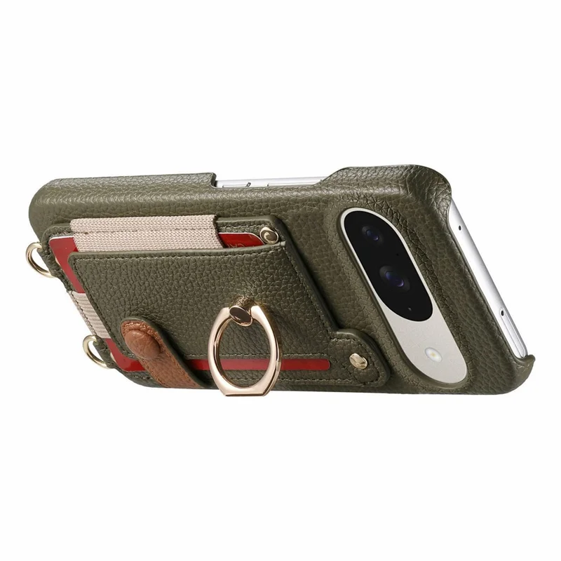 Google Pixel 9 / 9 Pro Hülle mit Kartenfach, Ringhalterung, Ständer, Leder + PC-Telefon-Cover mit Schultergurt - Mitternachtsgrün