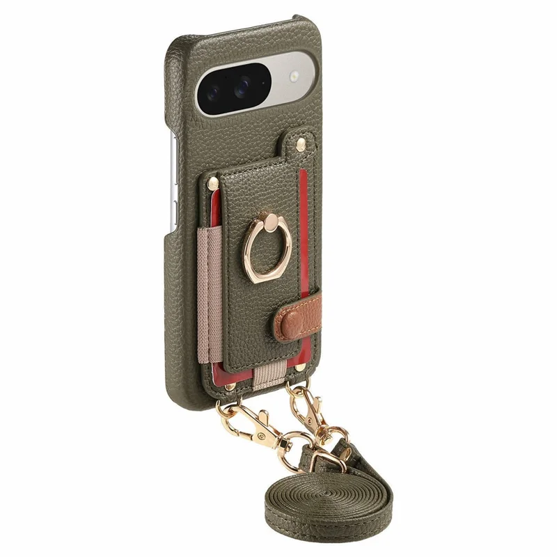 Google Pixel 9 / 9 Pro Hülle mit Kartenfach, Ringhalterung, Ständer, Leder + PC-Telefon-Cover mit Schultergurt - Mitternachtsgrün