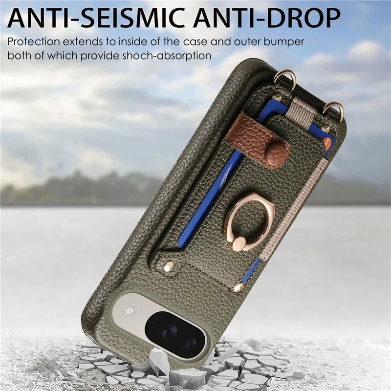 Google Pixel 9 / 9 Pro Hülle mit Kartenfach, Ringhalterung, Ständer, Leder + PC-Telefon-Cover mit Schultergurt - Mitternachtsgrün