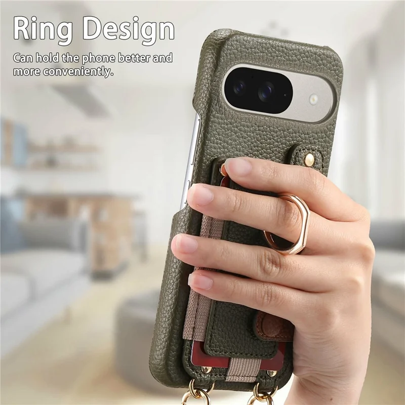 Google Pixel 9 / 9 Pro Hülle mit Kartenfach, Ringhalterung, Ständer, Leder + PC-Telefon-Cover mit Schultergurt - Mitternachtsgrün