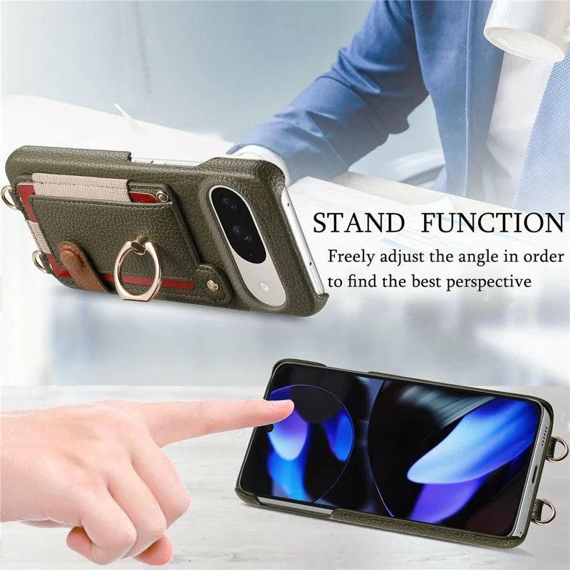 Google Pixel 9 / 9 Pro Hülle mit Kartenfach, Ringhalterung, Ständer, Leder + PC-Telefon-Cover mit Schultergurt - Mitternachtsgrün