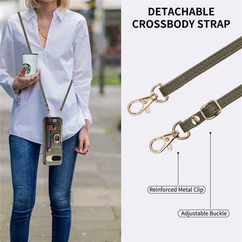 Google Pixel 9 / 9 Pro Hülle mit Kartenfach, Ringhalterung, Ständer, Leder + PC-Telefon-Cover mit Schultergurt - Mitternachtsgrün