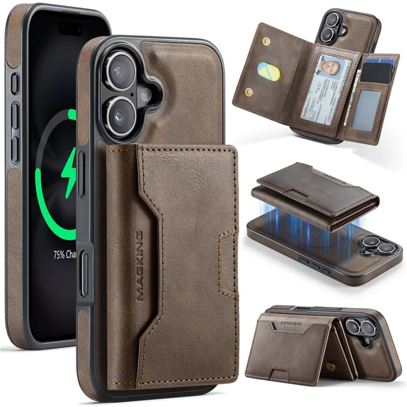 MAGKING K4 Series For iPhone 17 Case Compatible with MagSafe Detachable Wallet PU TPU PC Phone Cover - Coffee