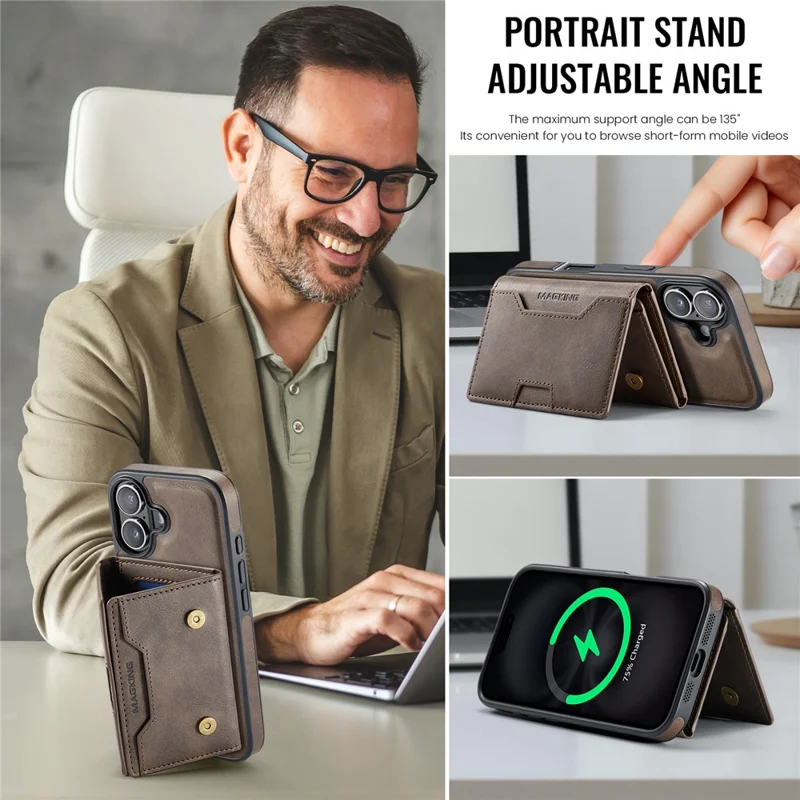 MAGKING K4 Series For iPhone 17 Case Compatible with MagSafe Detachable Wallet PU TPU PC Phone Cover - Coffee