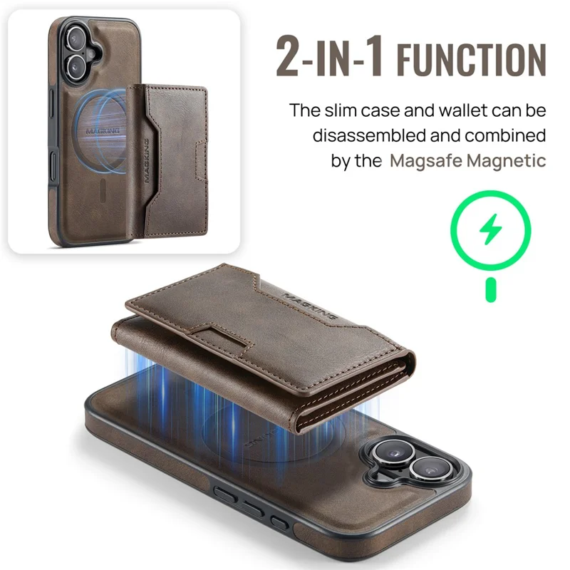 MAGKING K4 Series For iPhone 17 Case Compatible with MagSafe Detachable Wallet PU TPU PC Phone Cover - Coffee