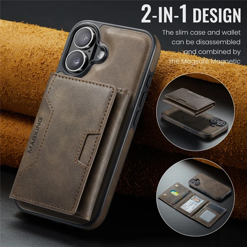 MAGKING K4 Series For iPhone 17 Case Compatible with MagSafe Detachable Wallet PU TPU PC Phone Cover - Coffee