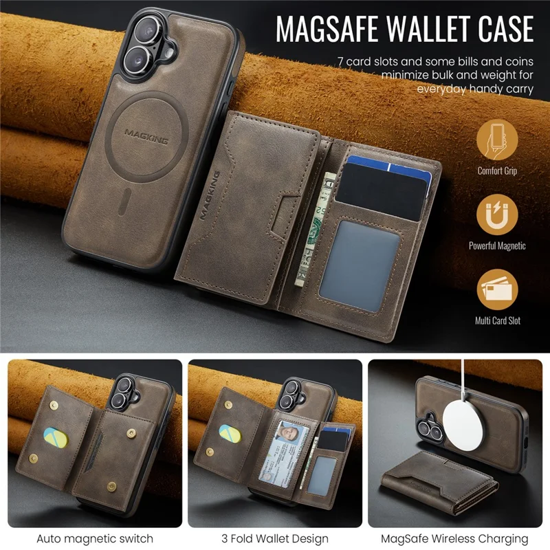 MAGKING K4 Series For iPhone 17 Case Compatible with MagSafe Detachable Wallet PU TPU PC Phone Cover - Coffee