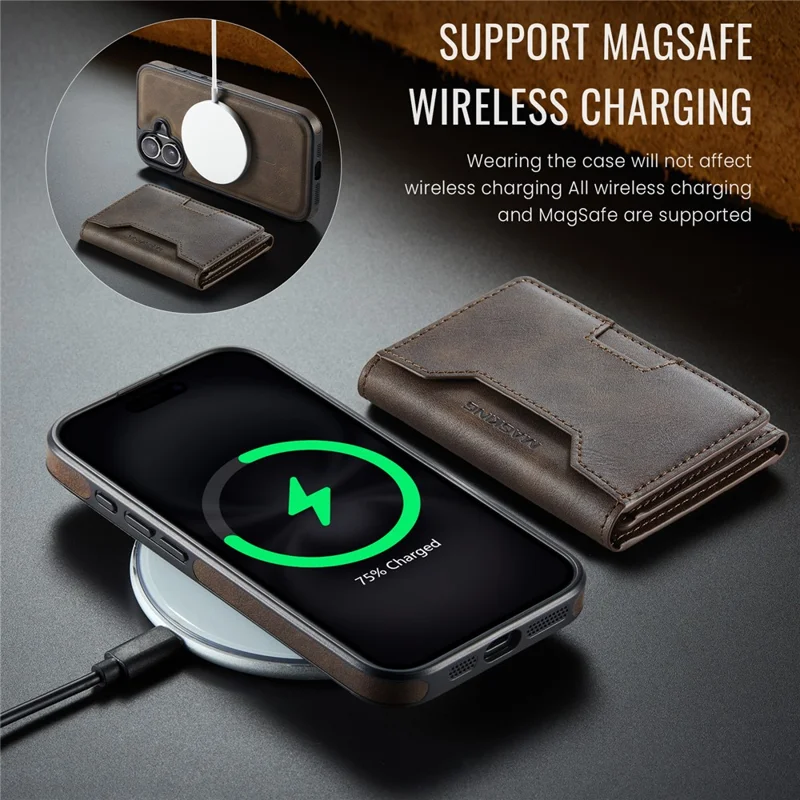 MAGKING K4 Series For iPhone 17 Case Compatible with MagSafe Detachable Wallet PU TPU PC Phone Cover - Coffee